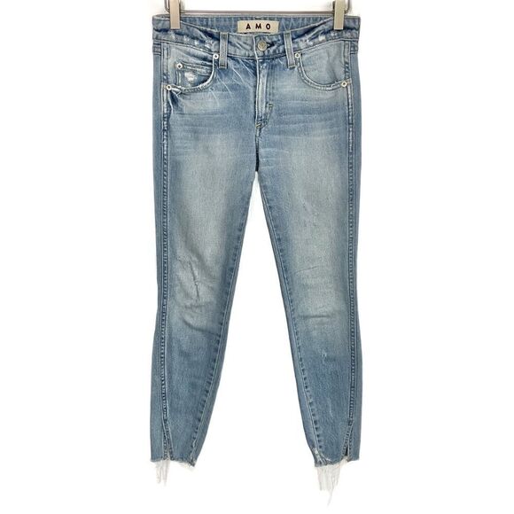 AMO Blue Fairfax Twist Distressed Split Hem Skinny Jeans 24 - Picture 2 of 7